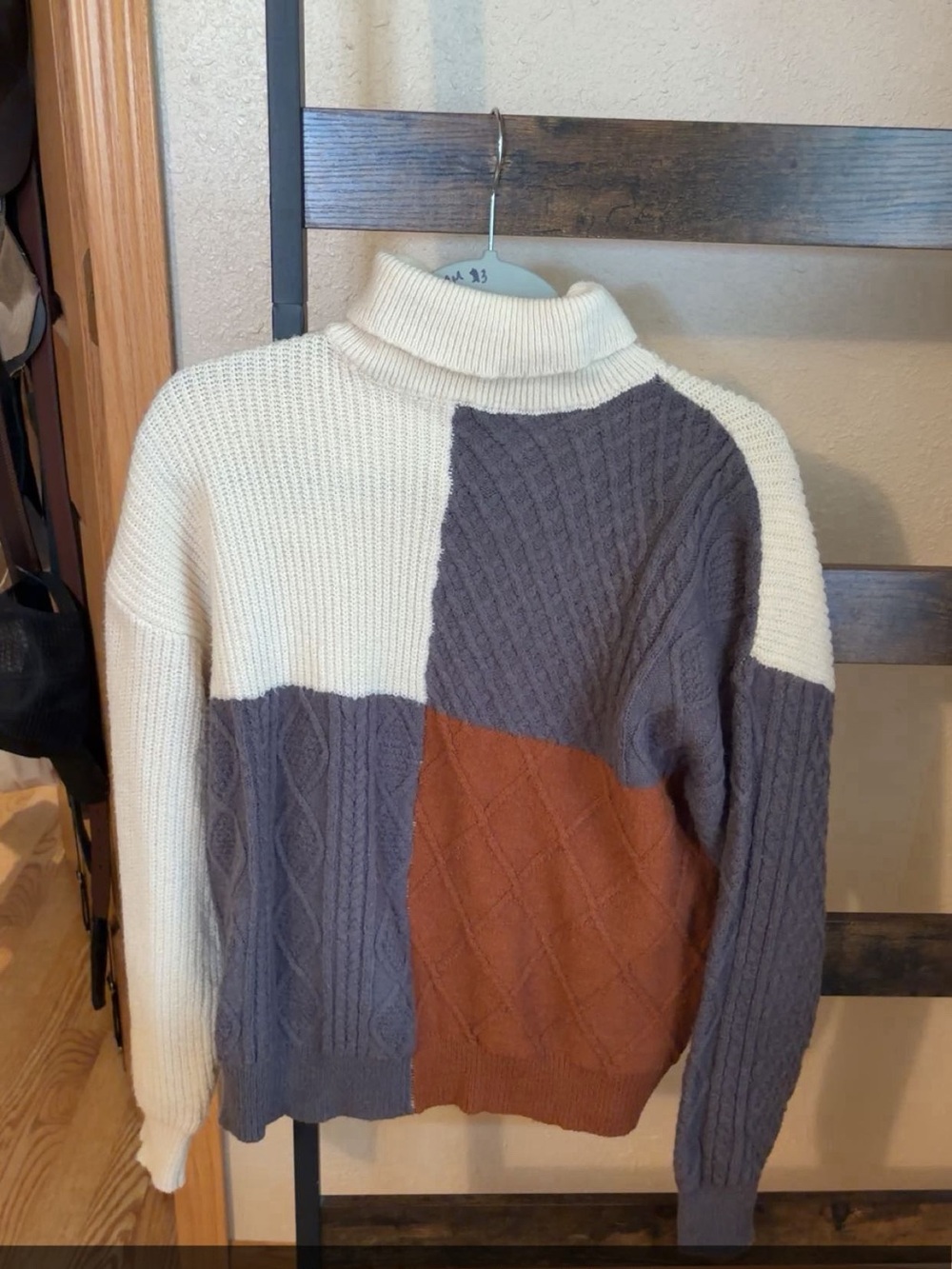 Magnolia boutique Patchwork Turtleneck Sweater - Cream, Gray & Brown